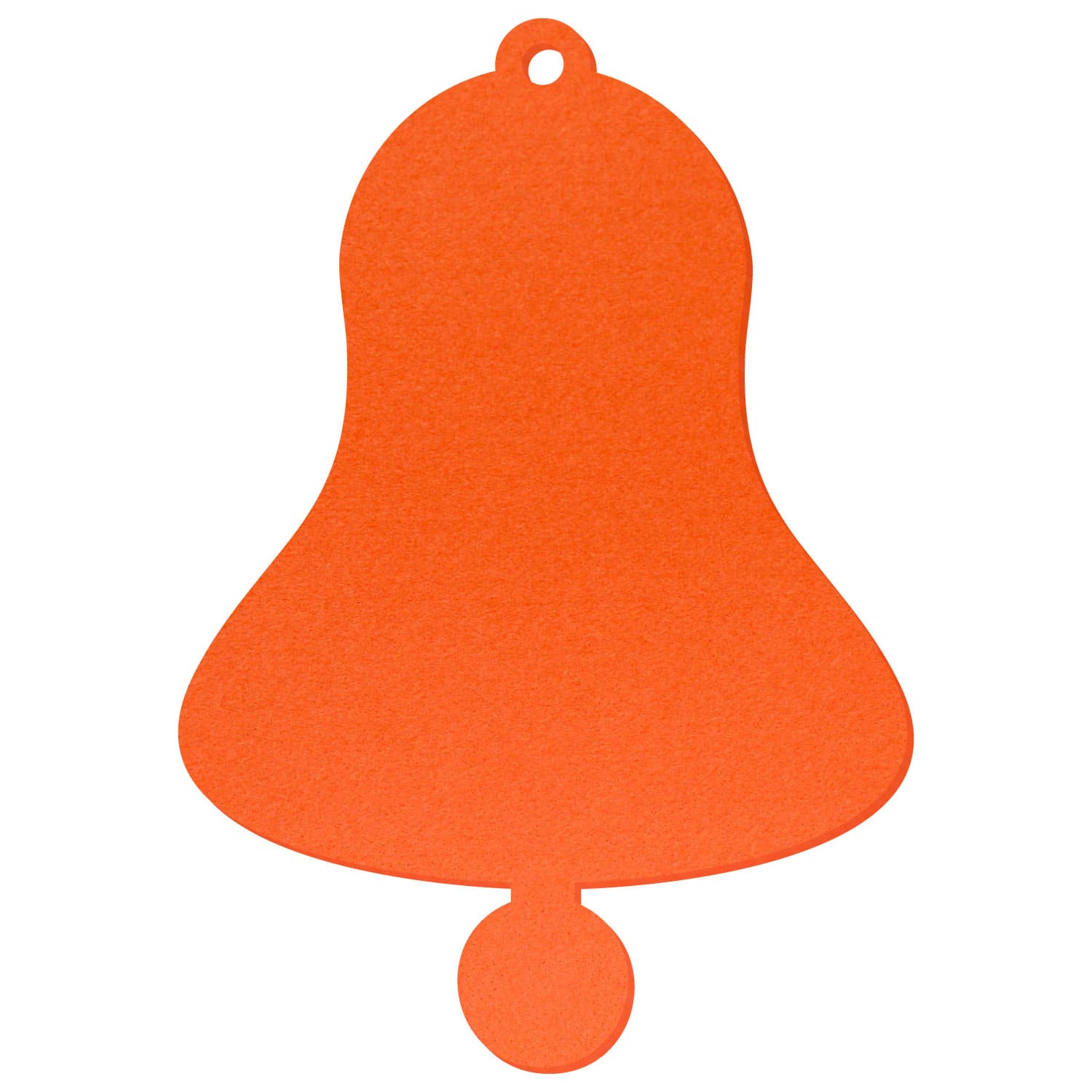 Orangefarbene Filz-Glocke in klassischer Glockenform mit kleiner runder Öse oben und rundem Klöppel unten, freigestellt auf weißem Hintergrund