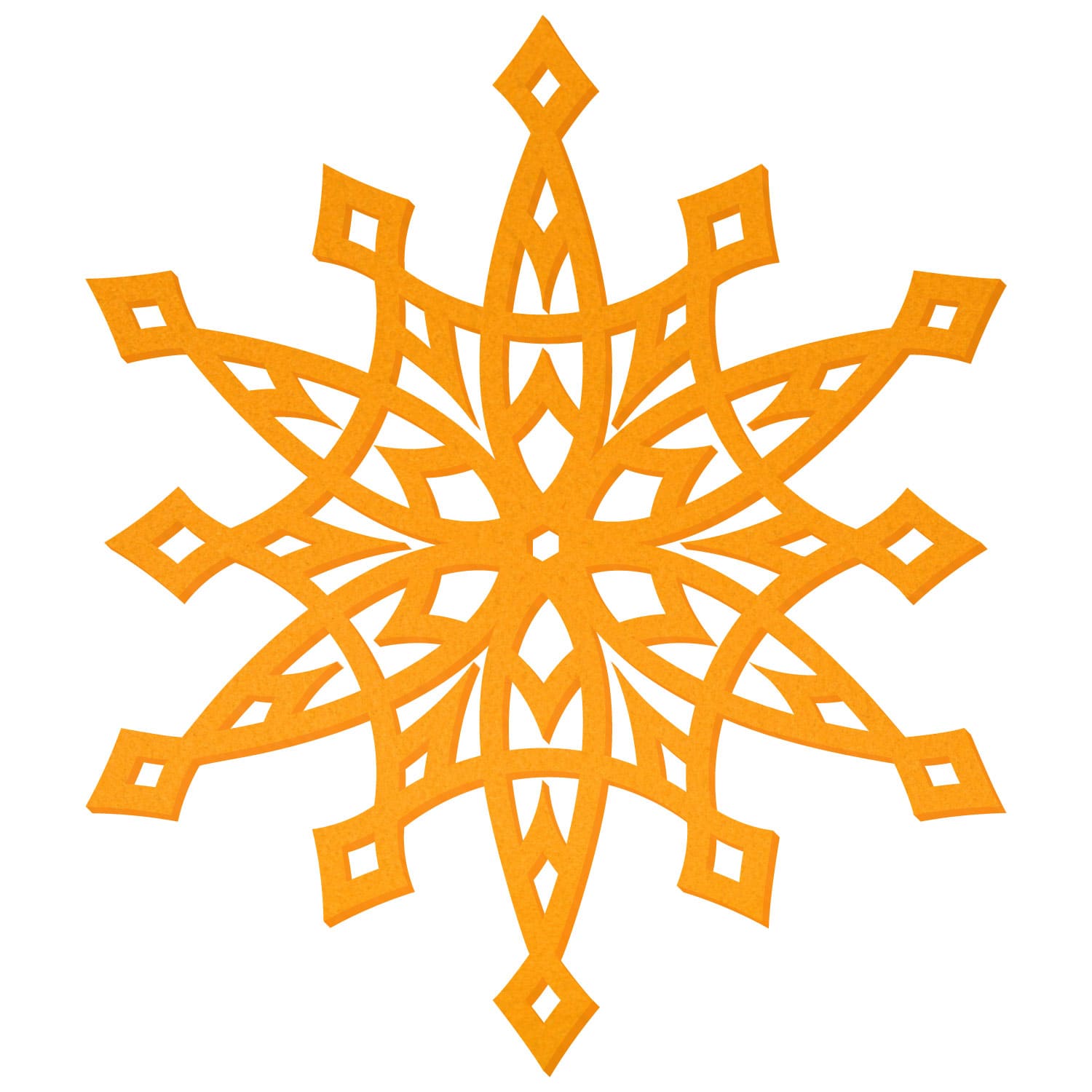 Orangegelber Filzstern in Schneeflocken-Optik mit acht symmetrischen Zacken, filigranen Ausschnitten und rautenförmigen Spitzen auf weißem Hintergrund