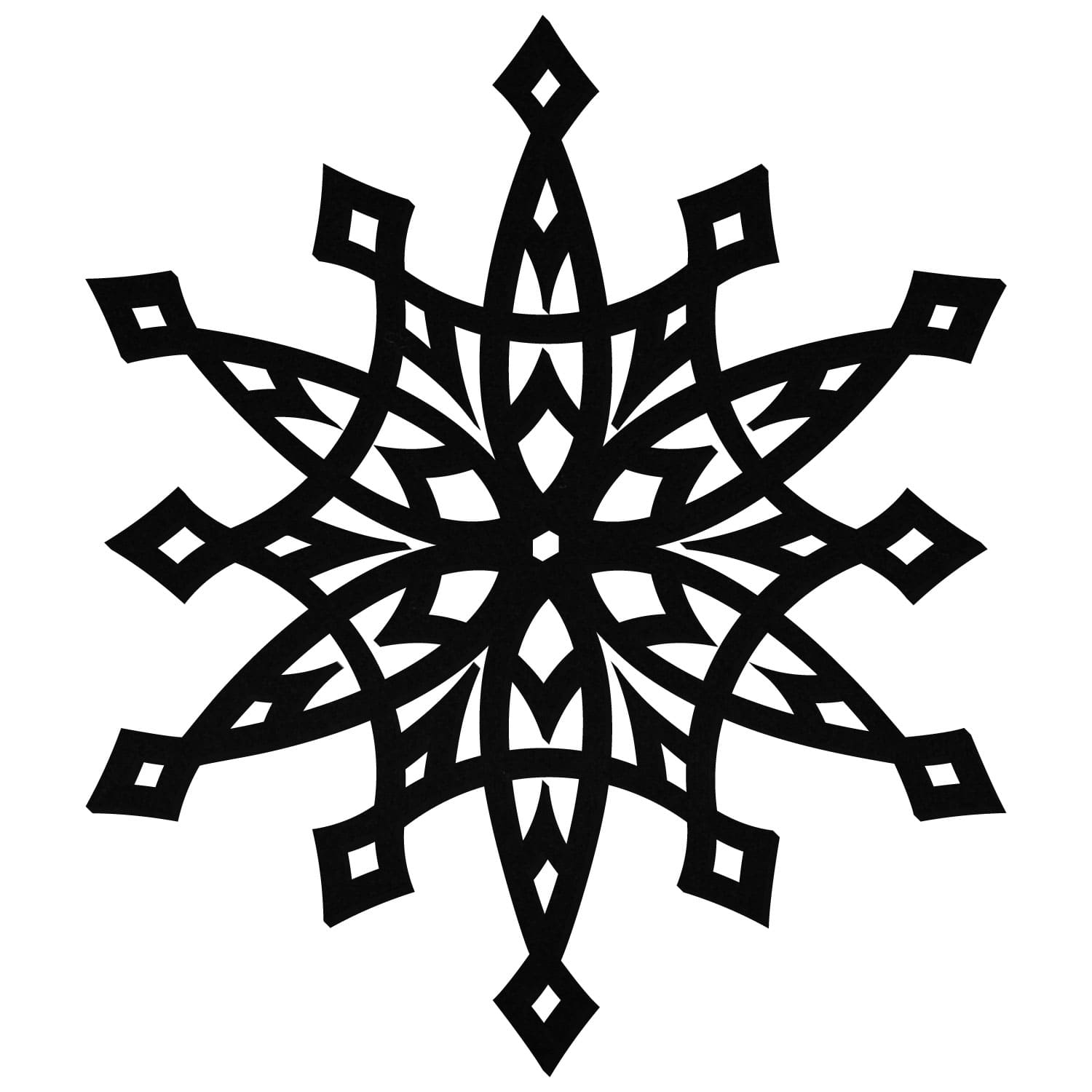 Schwarze Schneeflocke aus Filz mit acht symmetrischen Zacken, Rautenspitzen und filigran ausgestanzten geometrischen Mustern auf weißem Hintergrund.