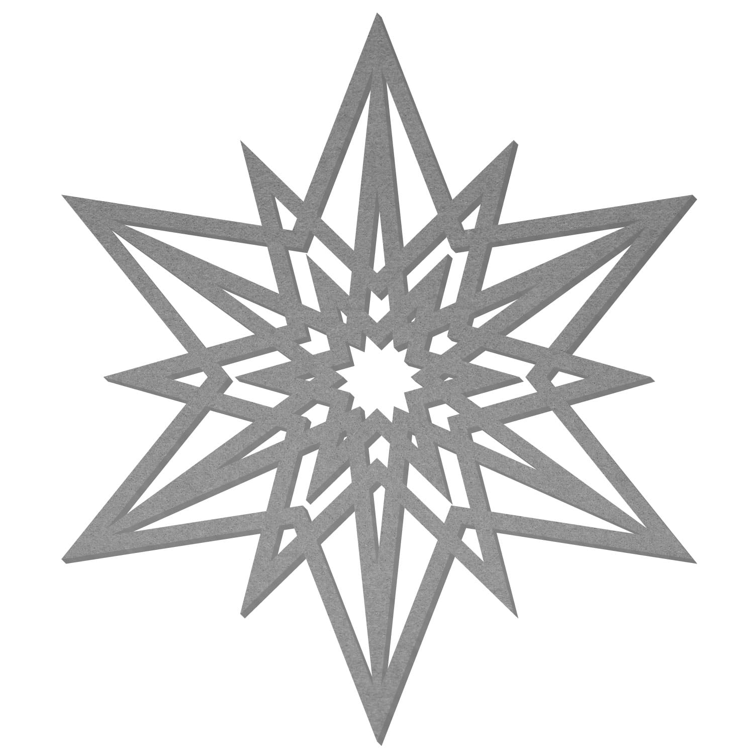 Grauer achtzackiger Filzstern mit geometrisch ausgestanztem Muster und kleiner offener Mitte auf weißem Hintergrund