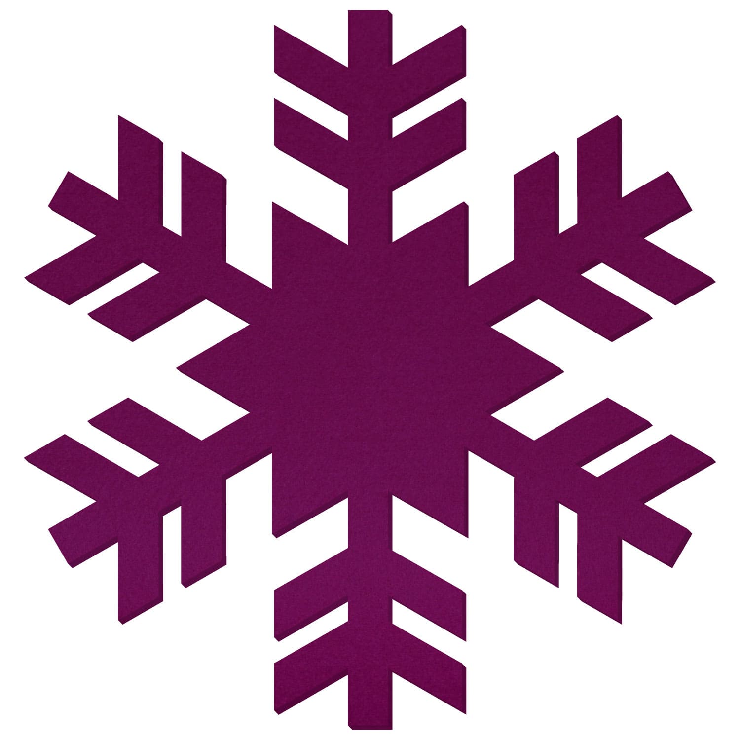 Schneeflocke aus Filz in Aubergine mit sechs symmetrischen Zacken und Verzweigungen auf weißem Hintergrund