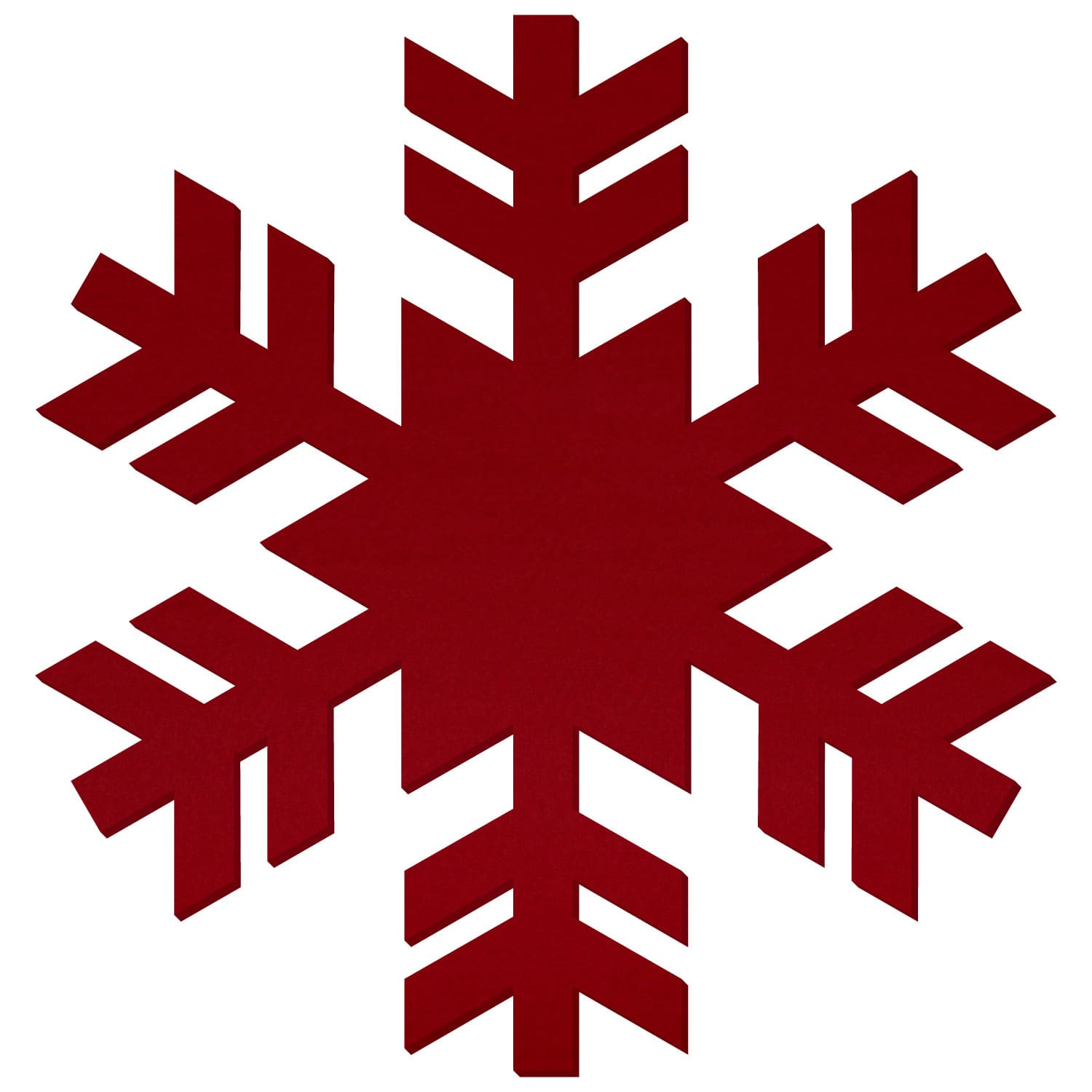 Filz-Schneeflocke in Dunkelrot mit sechs symmetrischen Zackenarmen und seitlichen Verzweigungen auf weißem Hintergrund