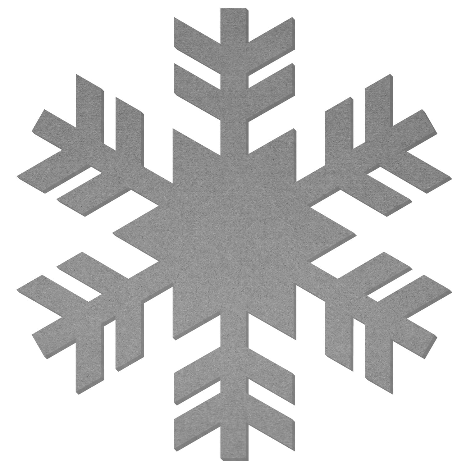 Schneeflocke aus grauem Filz mit sechs symmetrischen Zackenarmen und Pfeilmuster-Verzweigungen auf weißem Hintergrund