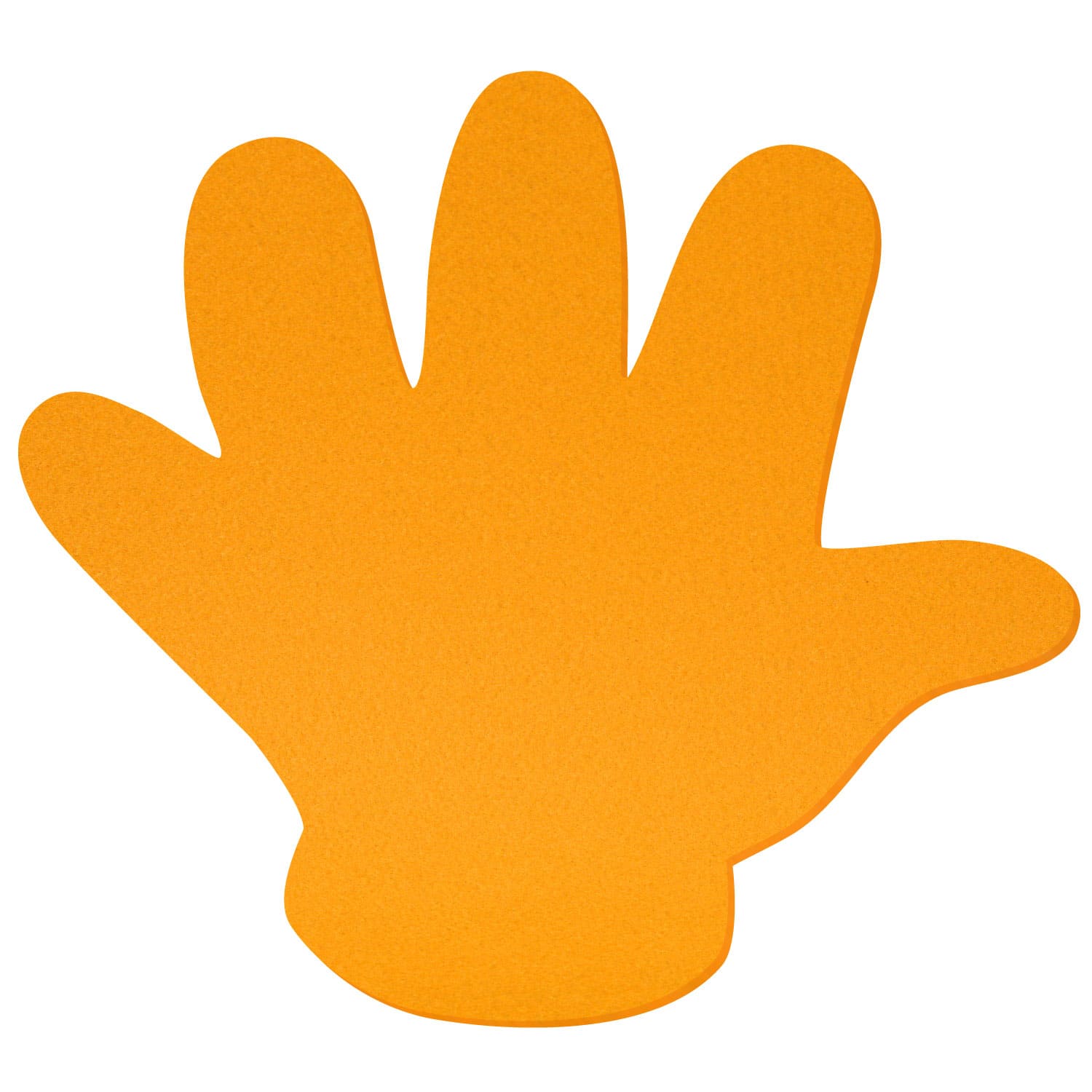 Einfarbige Handform aus orangefarbenem Filz mit gespreizten Fingern auf weißem Hintergrund.