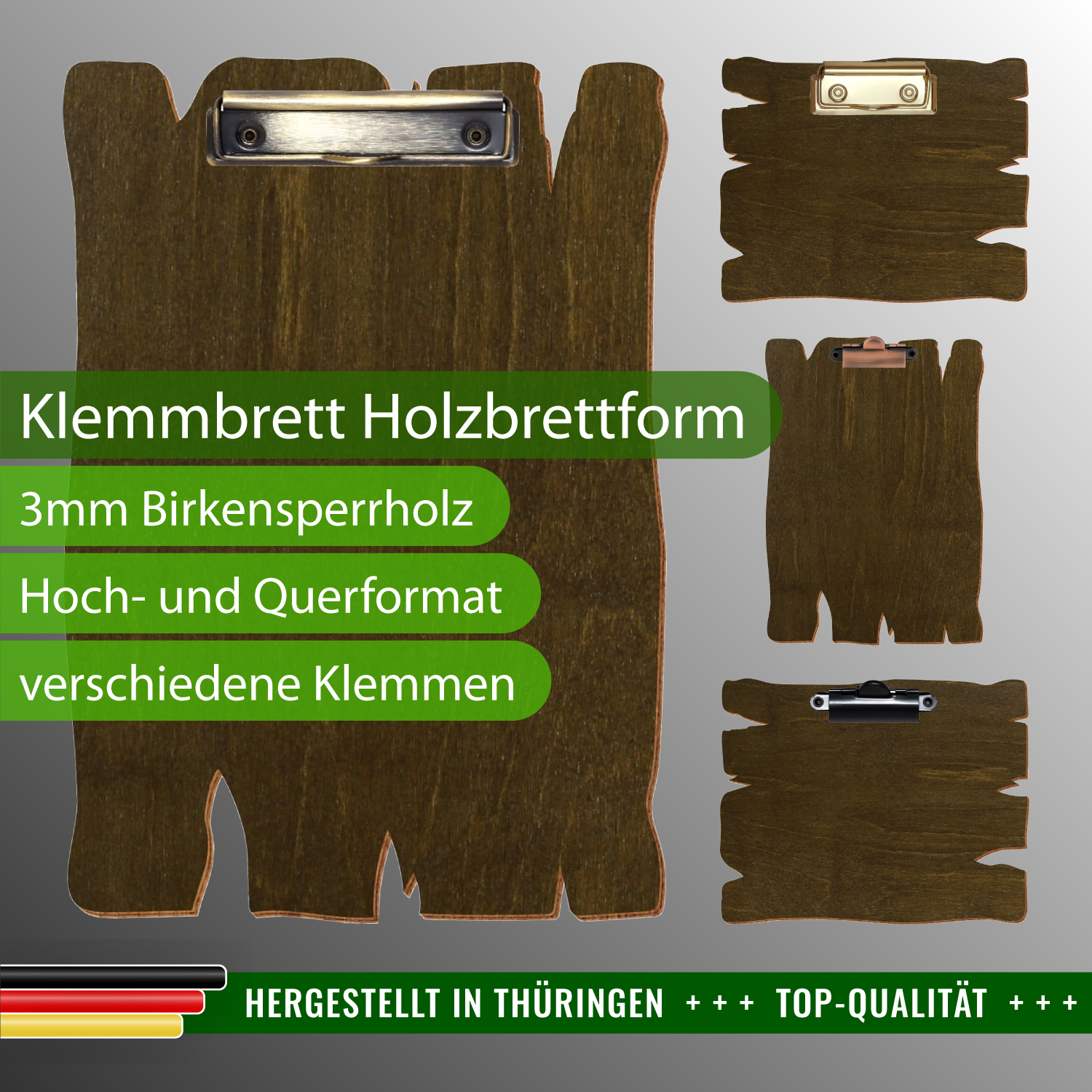 Klemmbrett Holzbrettform Haselnuss mit Produktinfos