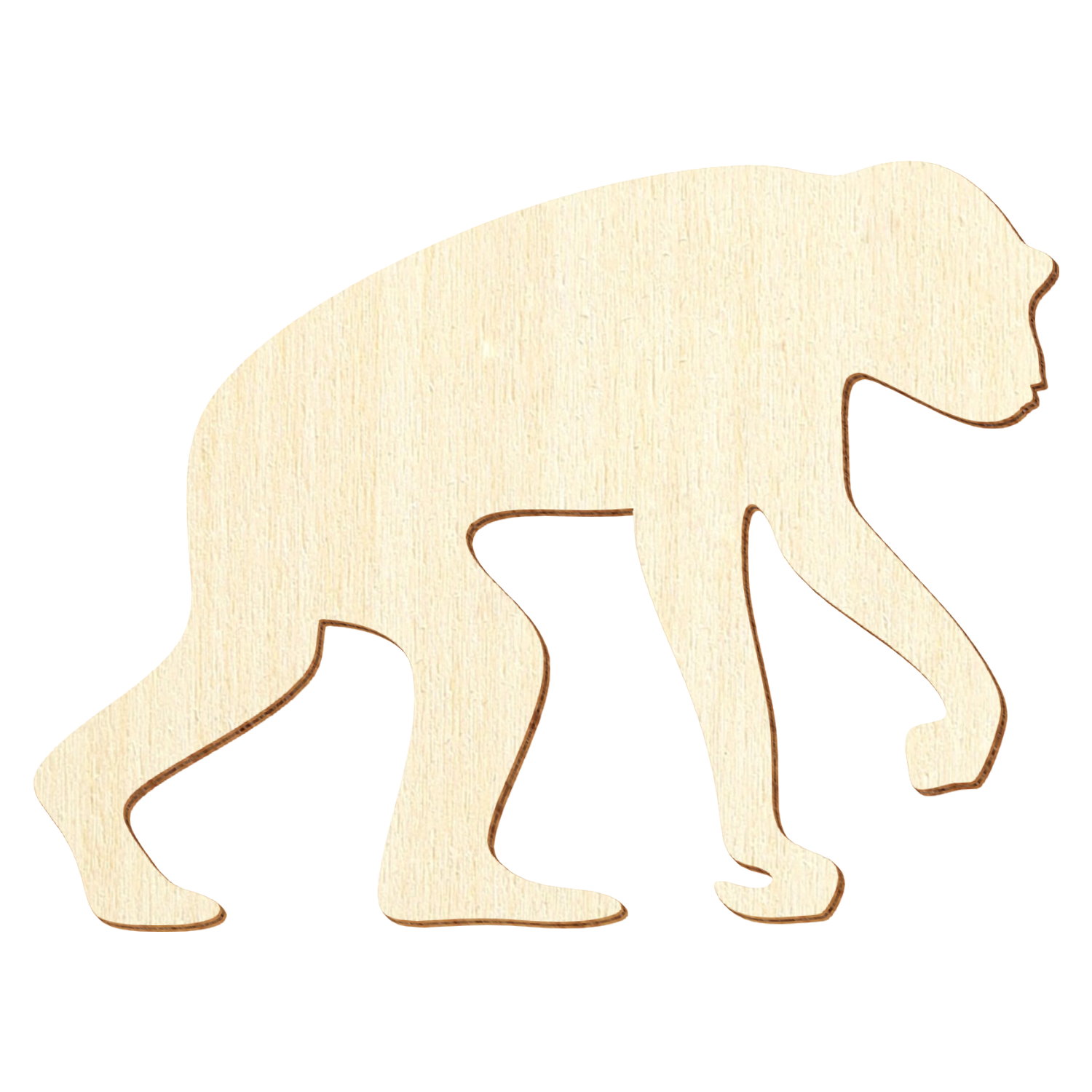 Ausgesägter Sperrholz-Rohling in Form eines gehenden Schimpansen in der Seitenansicht, helles naturbelassenes Holz mit dunklen Schnittkanten