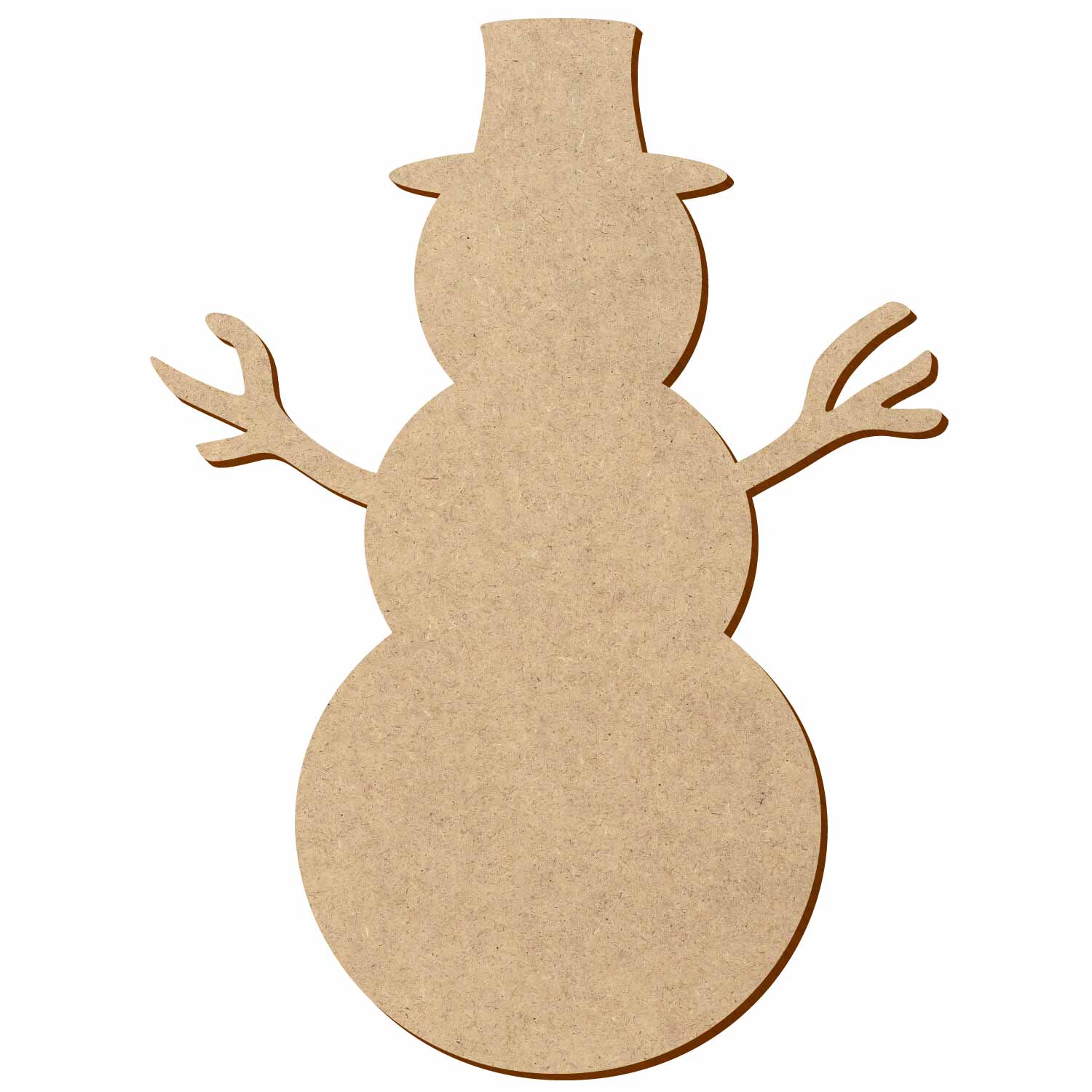 MDF-Schneemann-Rohling aus hellem Holzfaserplatte in klassischer Schneemann-Silhouette mit drei Kugelkörpern, Zylinderhut und seitlich ausgestreckten Astarmen, unbeschichtet und naturbelassen