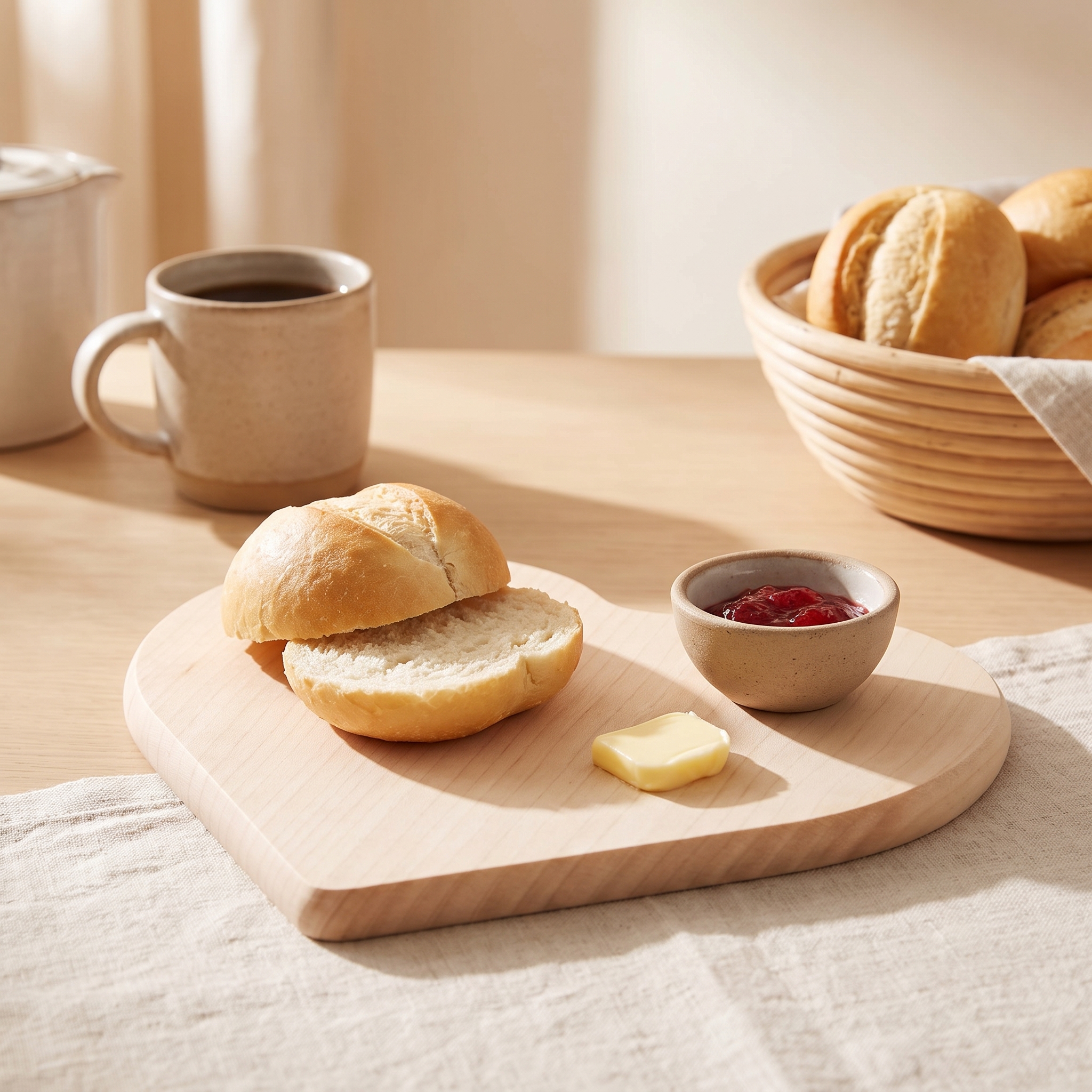 Herzförmiges Holzschneidebrett aus hellem Ahornholz mit aufgeschnittenem Brötchen, Butterstück und kleiner Keramikschale mit roter Marmelade, daneben Kaffeetasse und Brotkorb mit Brötchen auf einem hellen Holztisch.
