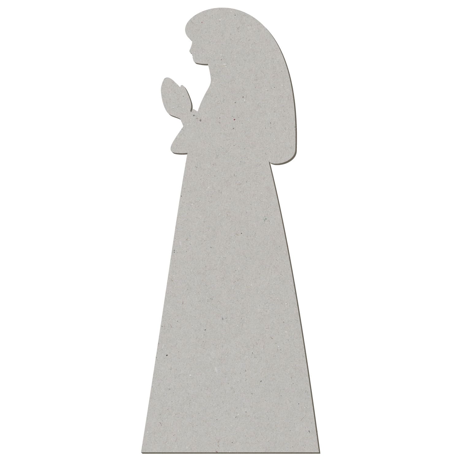 Ausgestanzte Pappsilhouette einer betenden Maria mit gesenktem Kopf und gefalteten Händen, grau melierte Kartonoberfläche, seitliche Ansicht