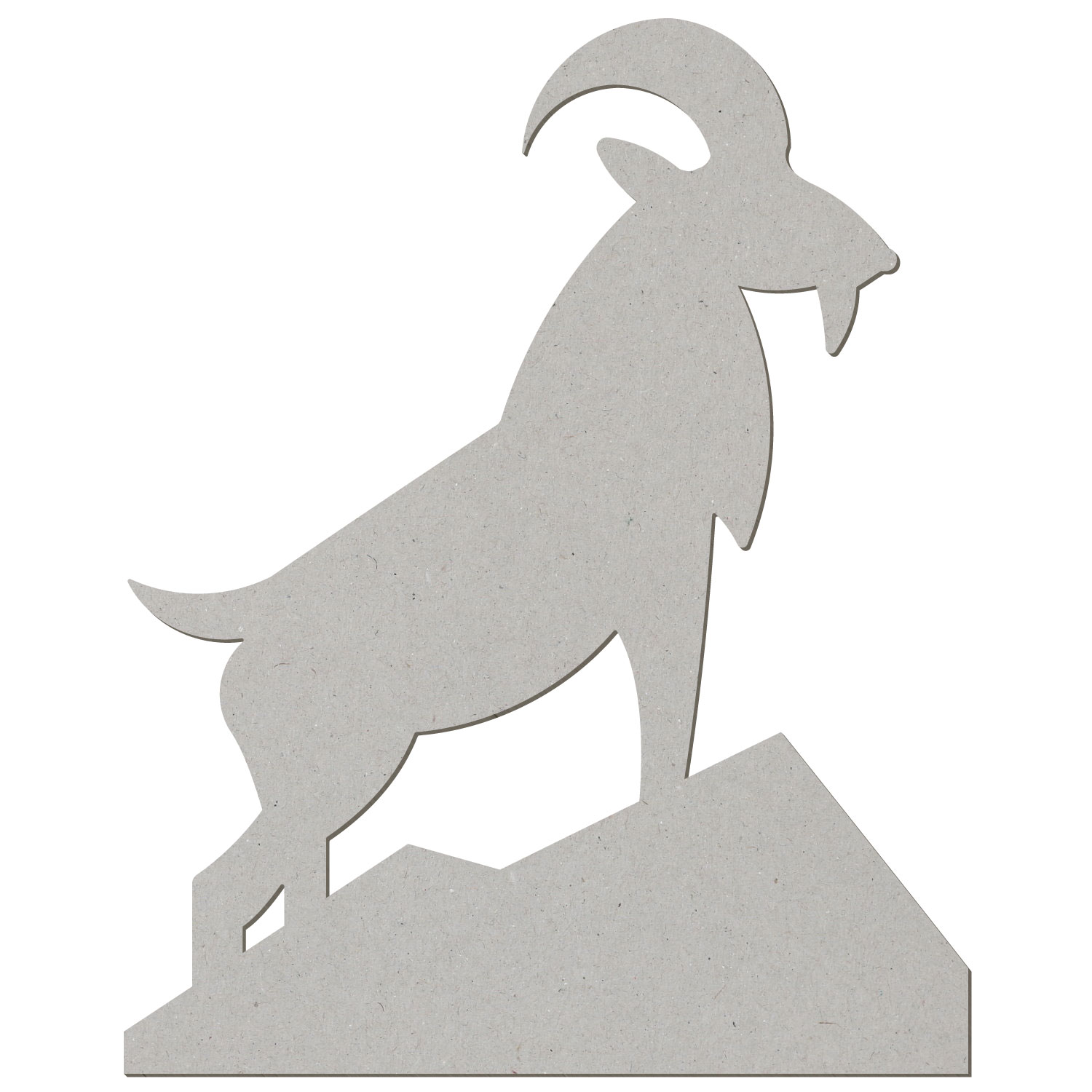 Steinbock-Silhouette aus grauer Buchbinderpappe, auf einem Felsen stehend, mit geschwungenem Horn, seitliche Ansicht