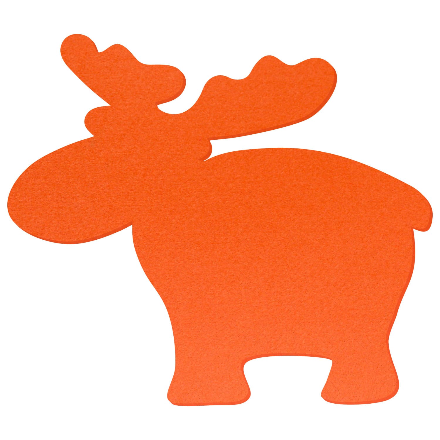 Orangefarbene Elch-Silhouette aus Filz mit Schaufelgeweih, freigestellt auf weißem Hintergrund