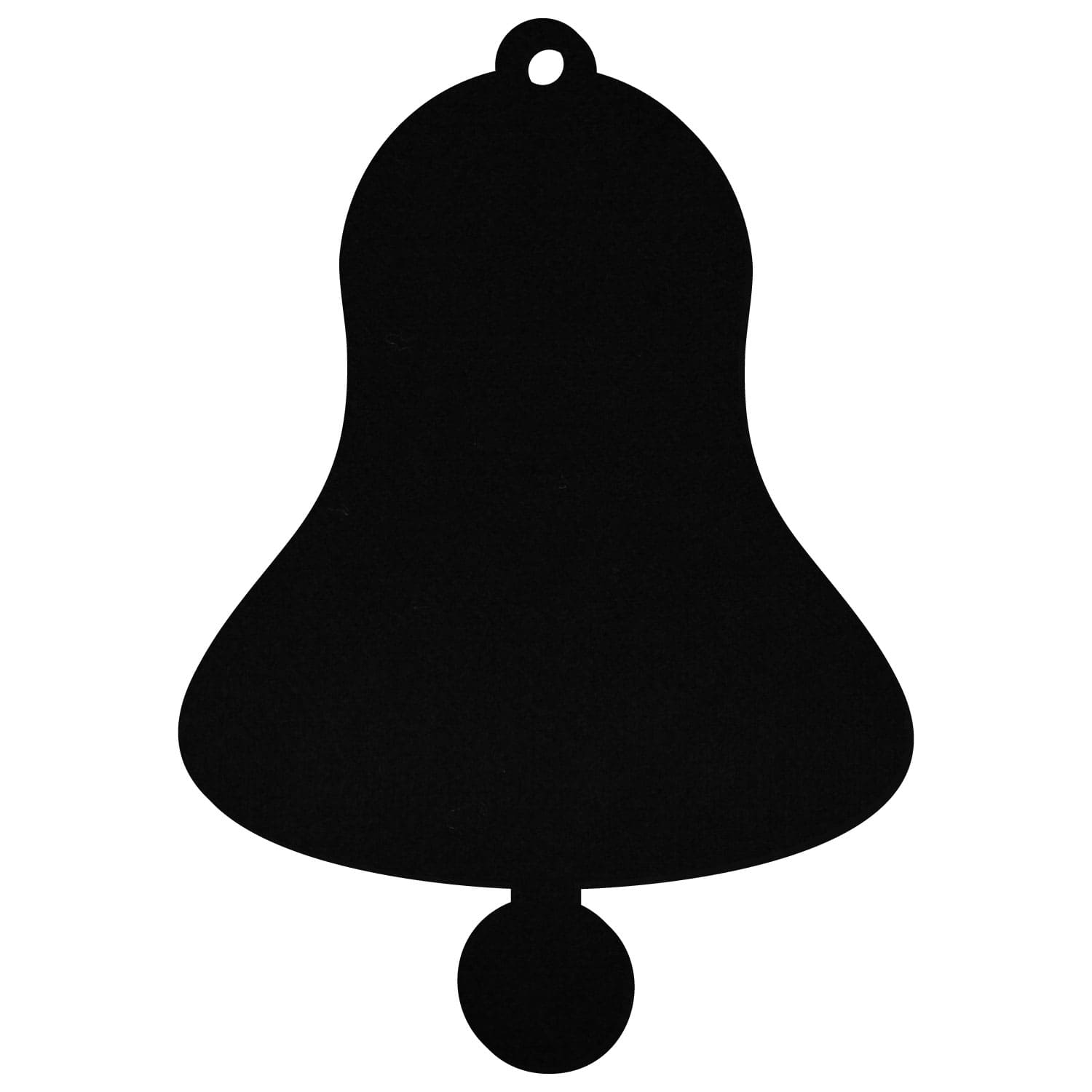 Schwarze Filz-Glocke mit rundem Klöppel und kleiner Aufhängeöse, Silhouette-Zuschnitt auf weißem Hintergrund