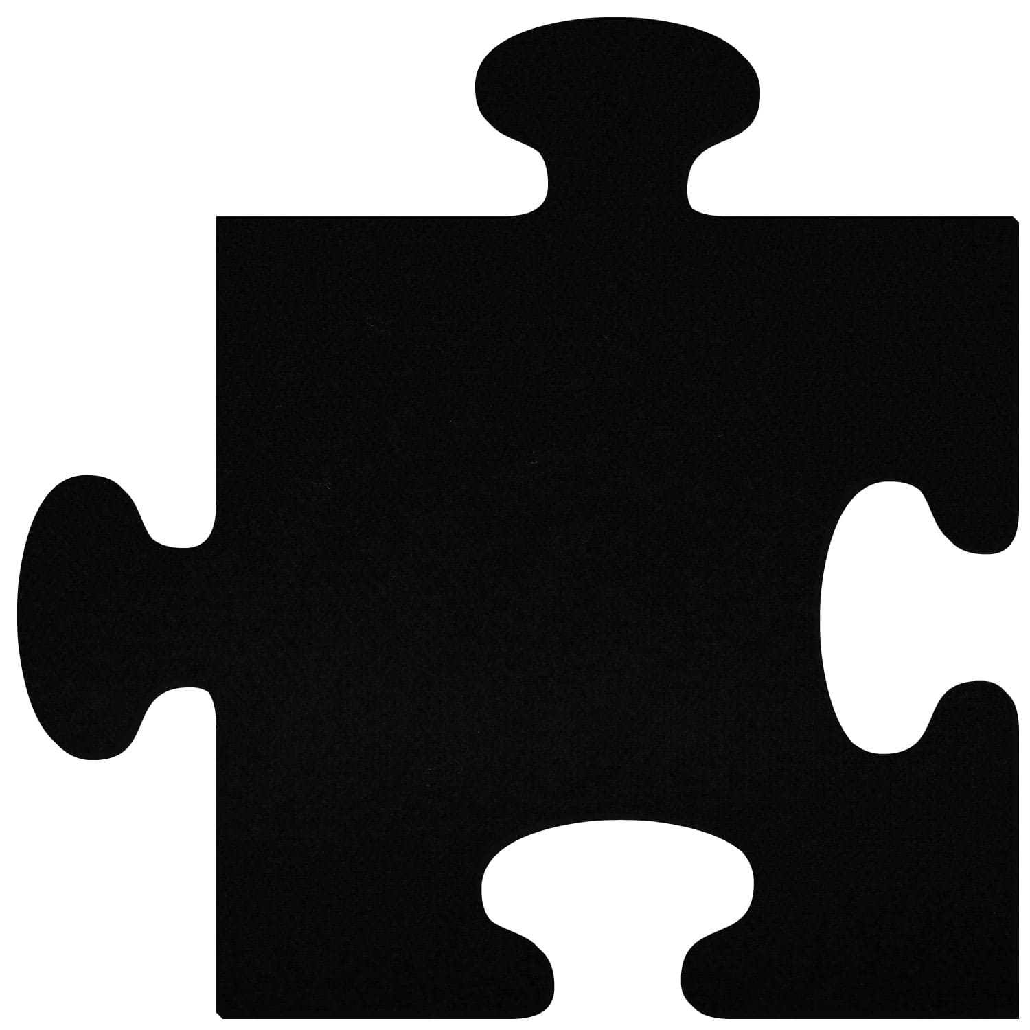 Schwarzes Filz-Puzzleteil mit zwei Zapfen oben und links sowie zwei Aussparungen rechts und unten, freigestellt auf weißem Hintergrund