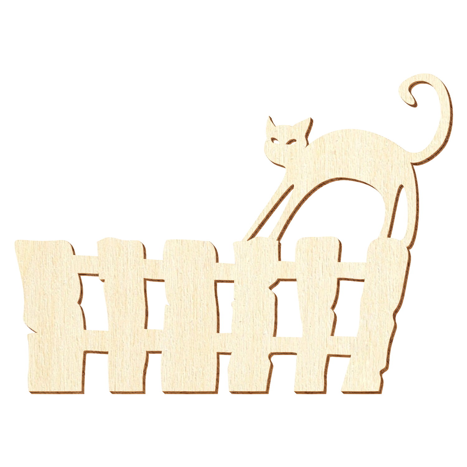 Lasergravierte Holz-Silhouette einer Katze, die mit gestrecktem Rücken und aufgerolltem Schwanz auf einem Lattenzaun balanciert, naturbelassenes helles Sperrholz