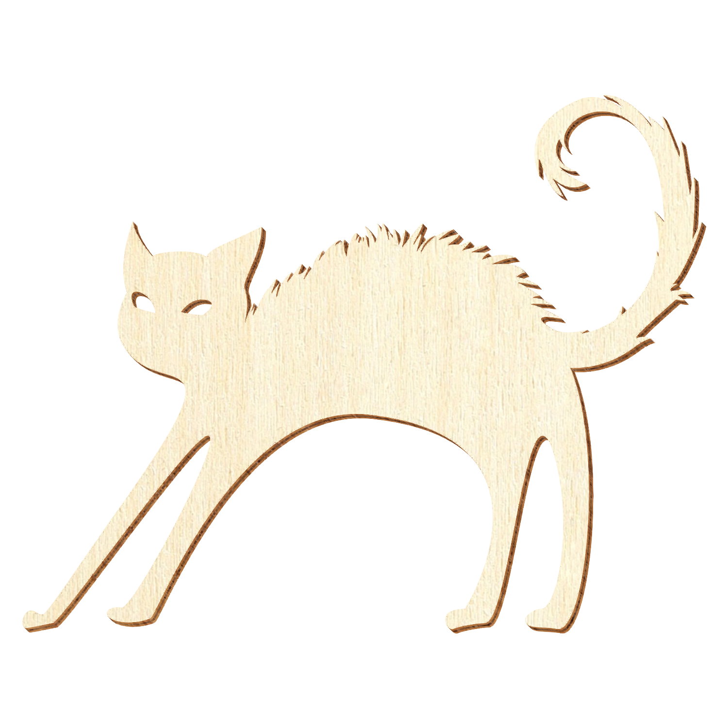 Sperrholz-Silhouette einer Katze mit gestrecktem Buckel und geschwungenem Schwanz, helles naturbelassenes Holz mit sichtbarer Maserung und lasergravierten Konturen