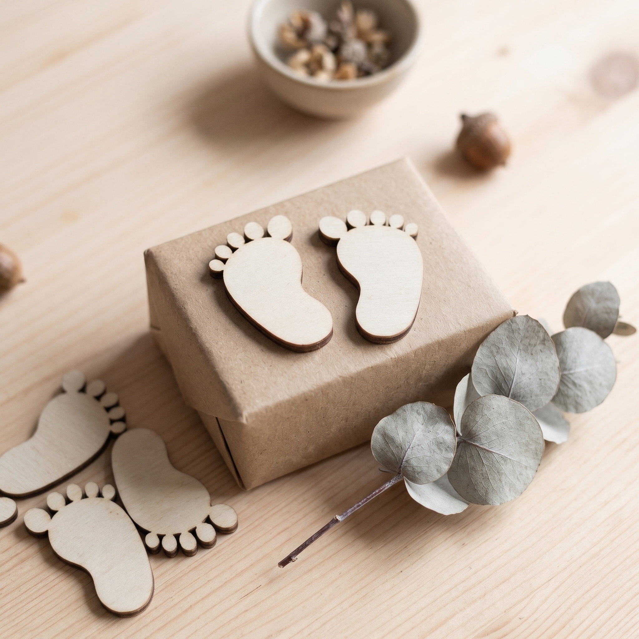 Kleine Holz-Fußabdrücke aus hellem Sperrholz auf einer braunen Kraftpapier-Geschenkbox, weitere Holzfüße und ein Eukalyptuszweig auf hellem Holzuntergrund, kleine Schüssel mit Trockenblumen im Hintergrund.