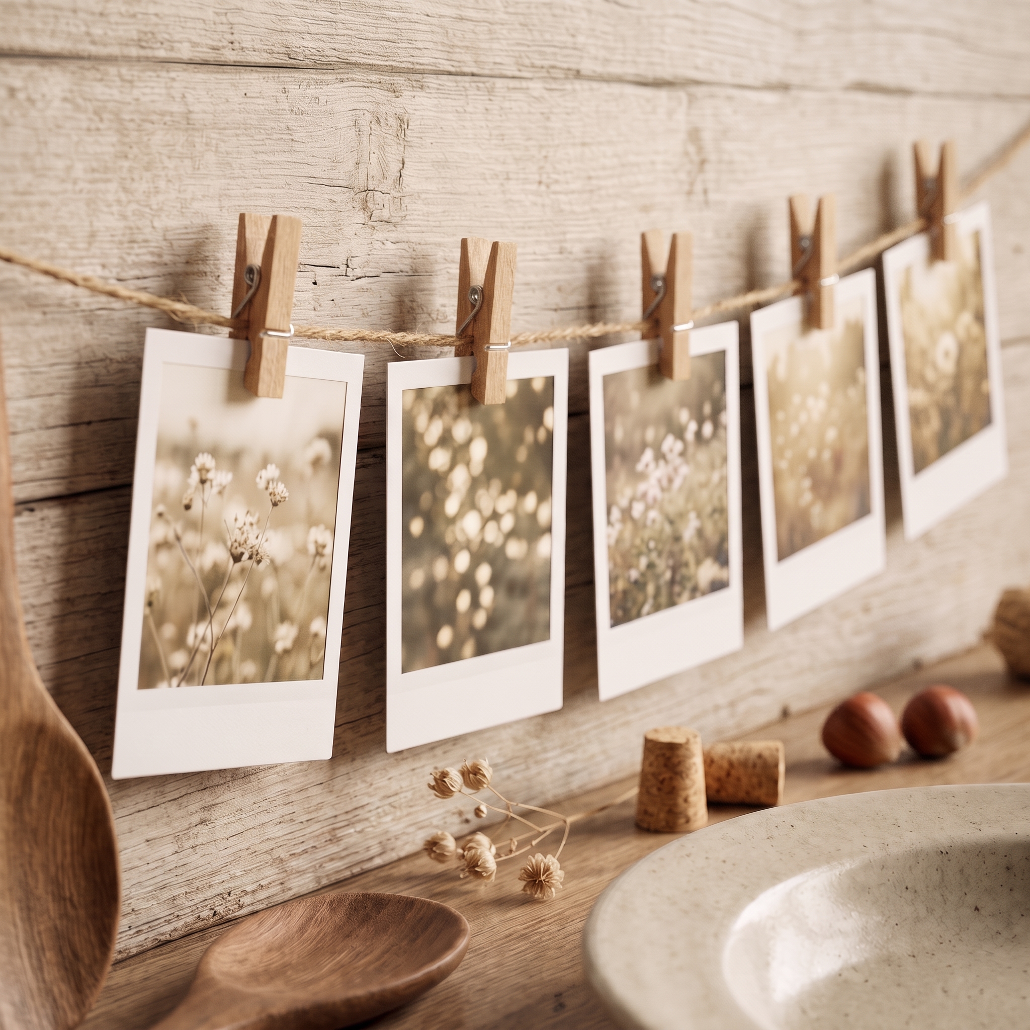 Fünf kleine Holzwäscheklammern befestigen Sofortbildfotos mit Wiesenblumen-Motiven an einer Jute-Schnur vor einer rustikalen weißen Holzwand; im Vordergrund liegen ein Holzlöffel, getrocknete Blüten, Korken und ein Keramikteller.